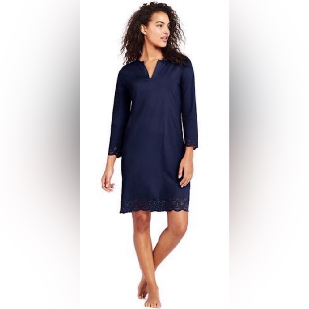 Lands’ End Womens Navy Blue Laser Cut 3/4 Sleeve‎ Quick Dry Beach Cover Up Dress